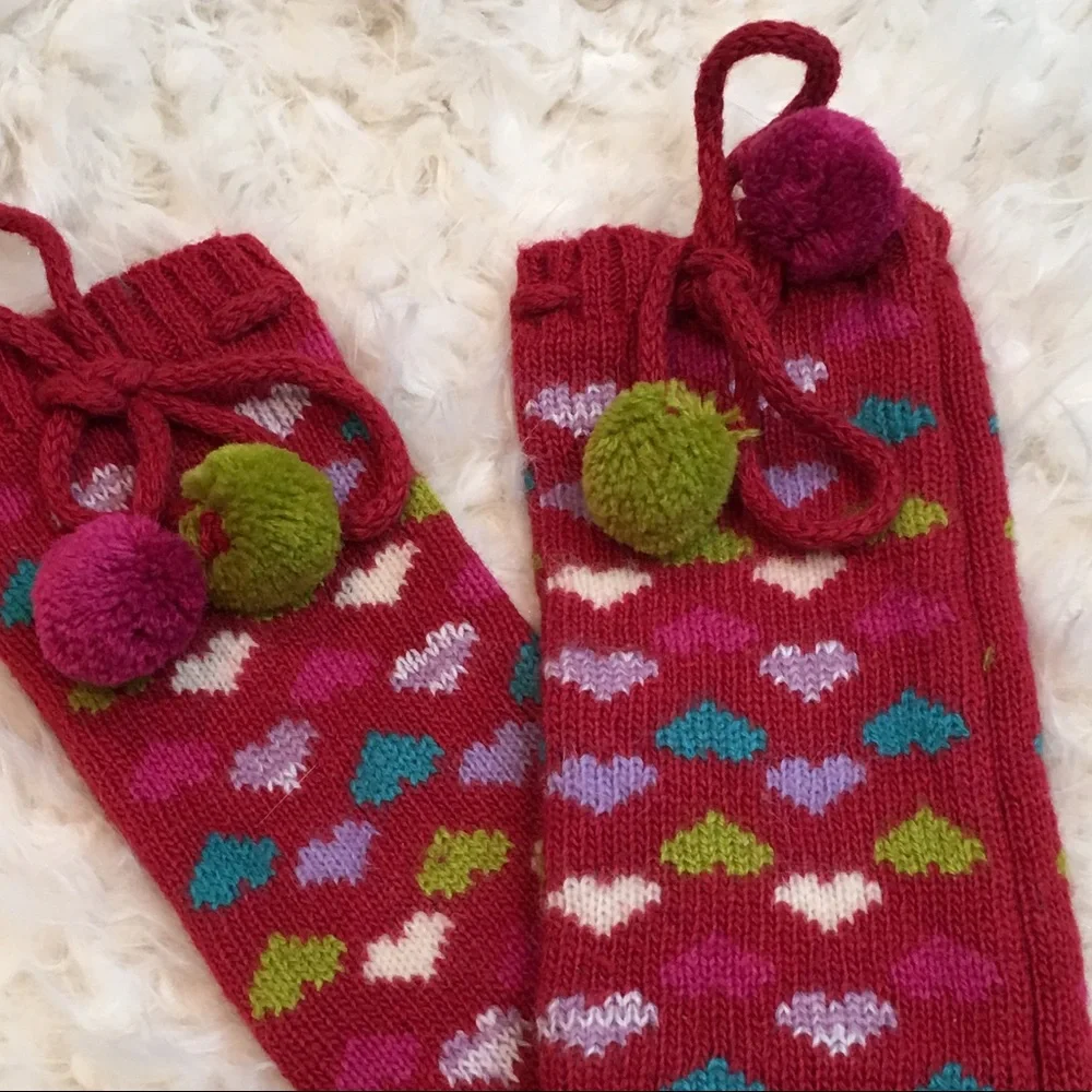Burgundy Knit Wool Angora Fingerless Gloves Pom Pom Ties Multi Color‎ Hearts New